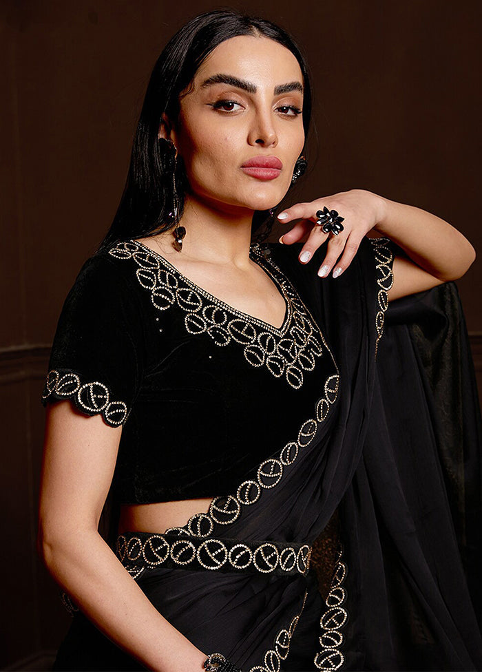 Black Satin Silk Saree With Blouse Piece