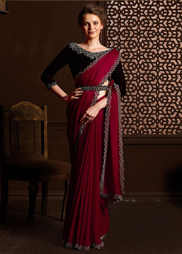 Maroon Satin Silk Saree With Blouse Piece