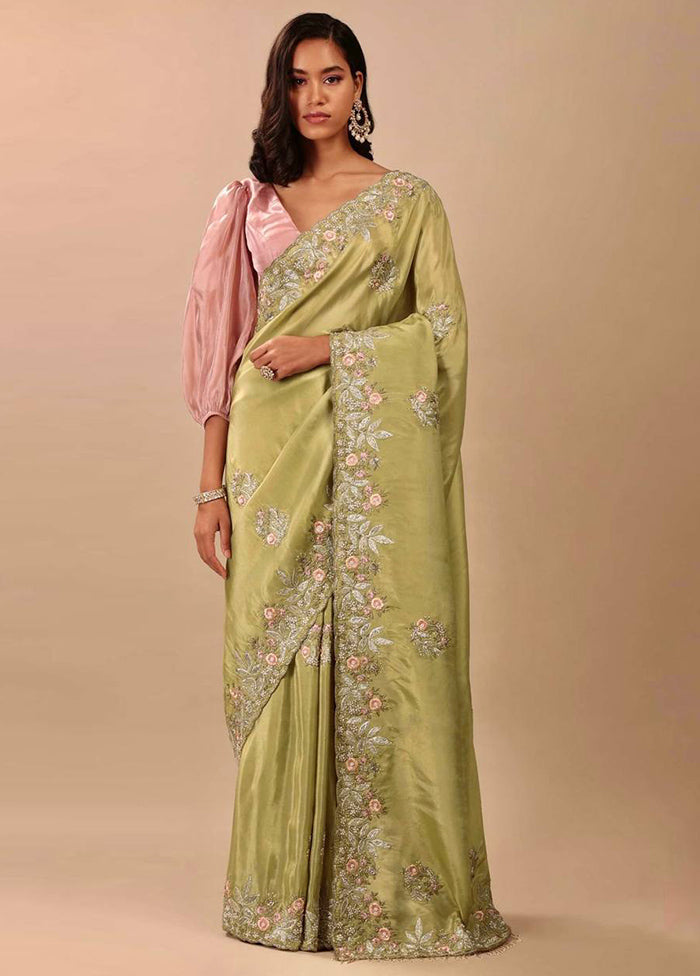 Green Dupion Silk Saree With Blouse Piece