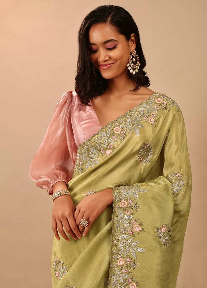 Green Dupion Silk Saree With Blouse Piece