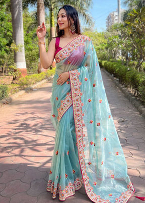 Green Net Saree With Blouse Piece