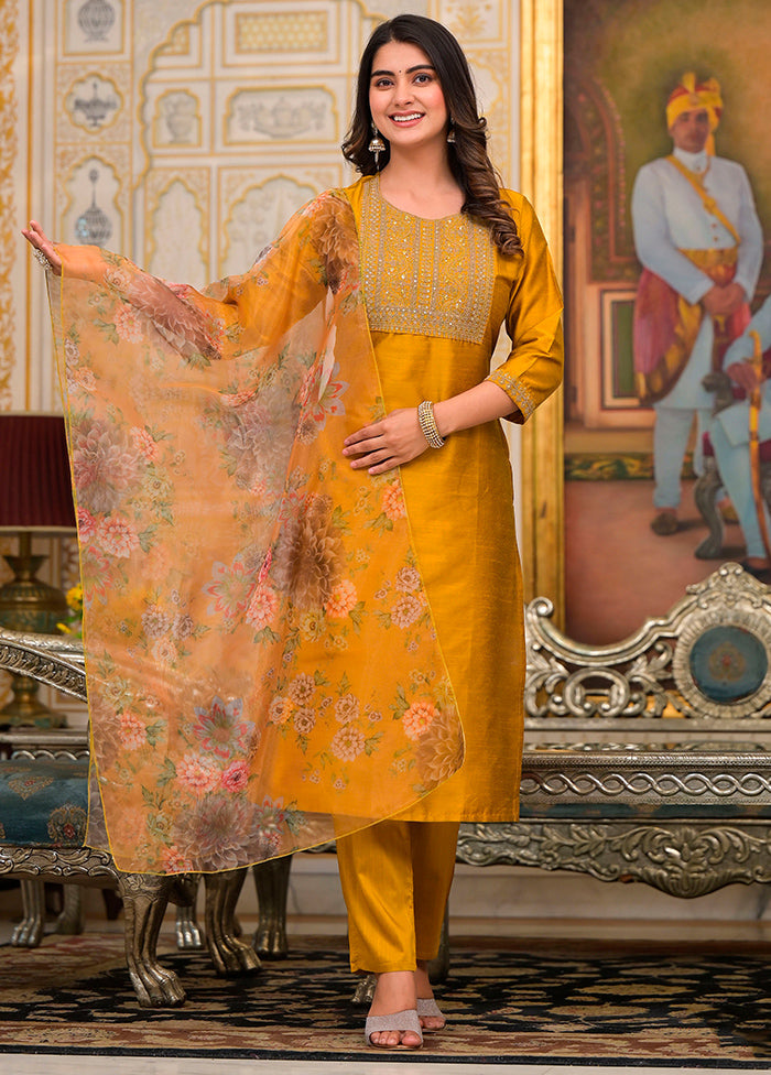 3 Pc Mustard Readymade Silk Dupatta Suit Set