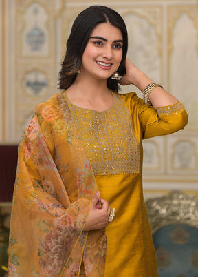 3 Pc Mustard Readymade Silk Dupatta Suit Set