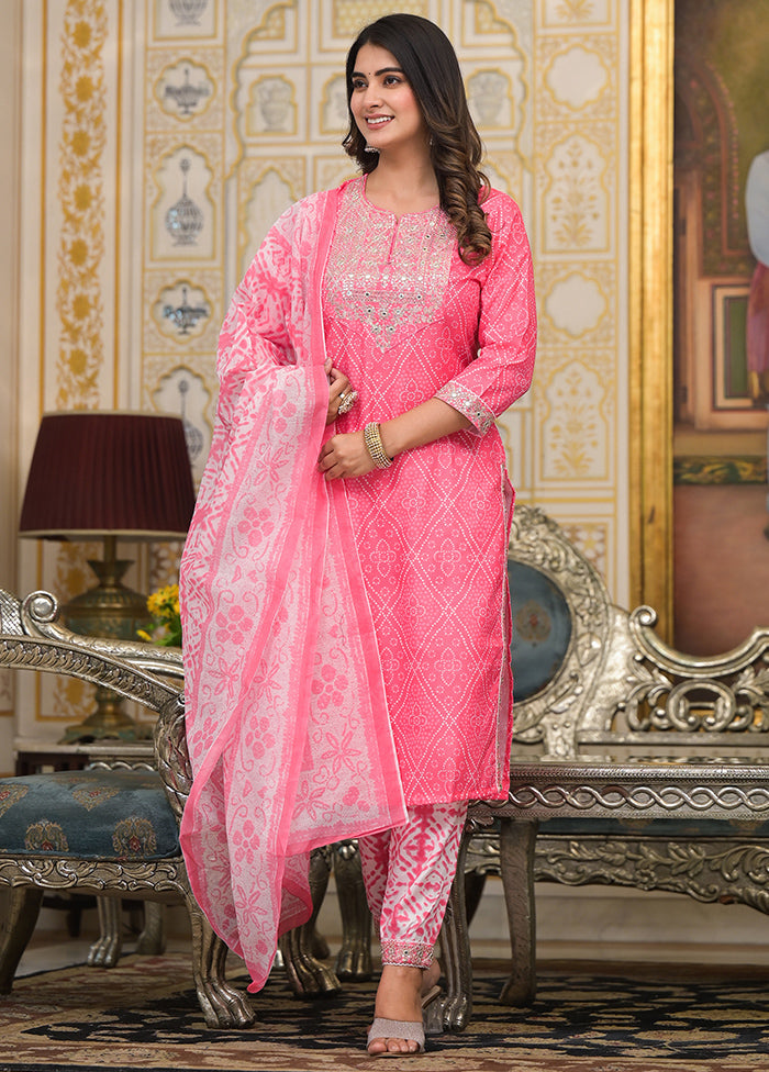 3 Pc Pink Readymade Cotton Dupatta Suit Set