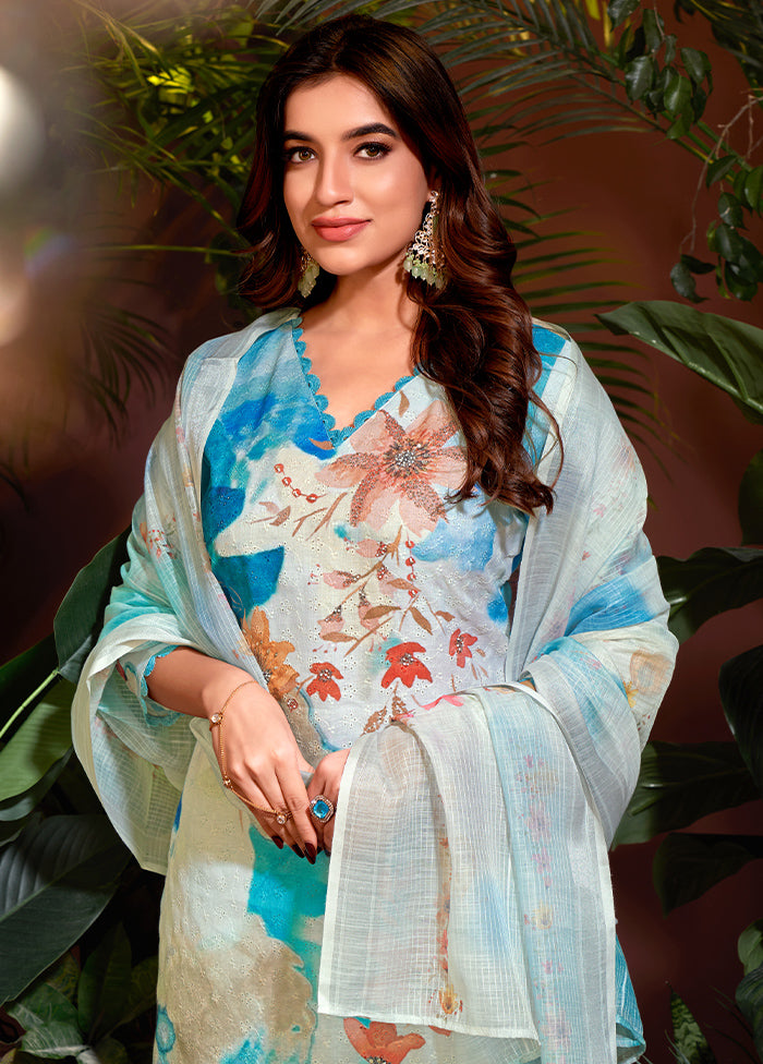 3 Pc Sky Blue Readymade Cotton Dupatta Suit Set