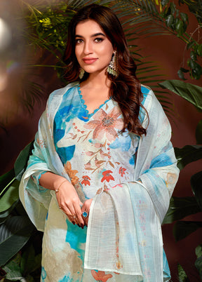 3 Pc Sky Blue Readymade Cotton Dupatta Suit Set