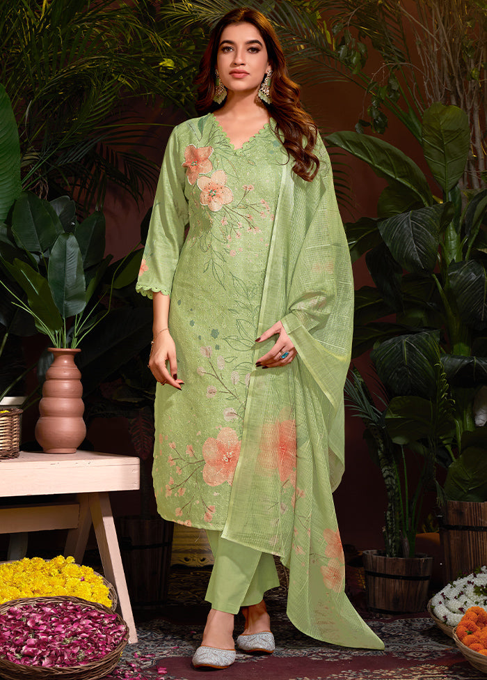 3 Pc Green Readymade Cotton Dupatta Suit Set