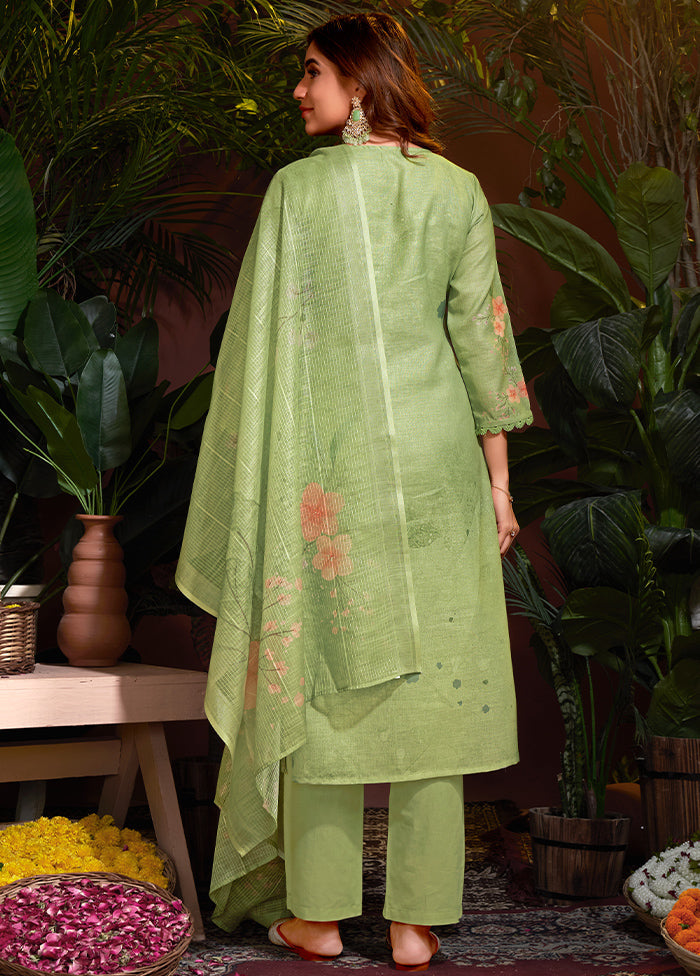 3 Pc Green Readymade Cotton Dupatta Suit Set