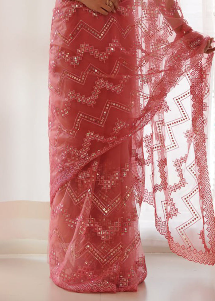 Pink Net Net Saree With Blouse Piece