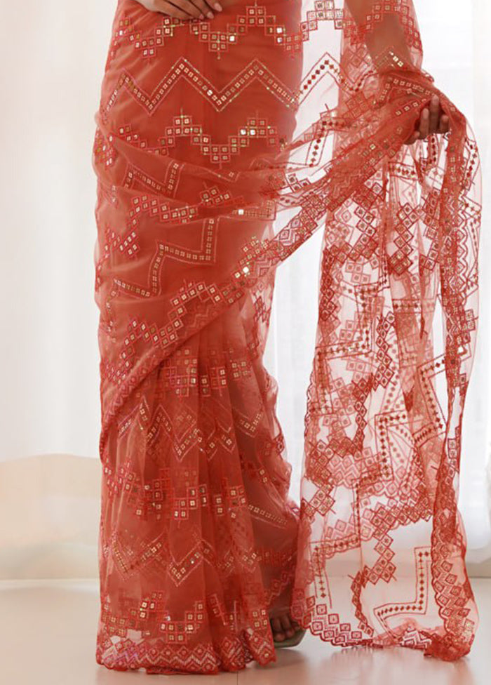 Orange Net Net Saree With Blouse Piece