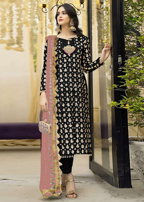 3 Pc Black Semi Stitched Georgette Suit Set