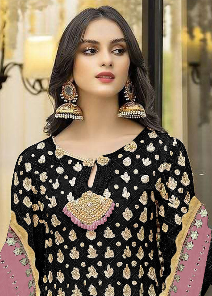 3 Pc Black Semi Stitched Georgette Suit Set