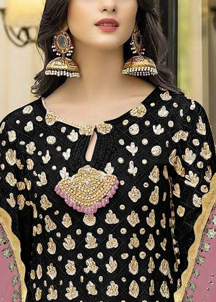 3 Pc Black Semi Stitched Georgette Suit Set