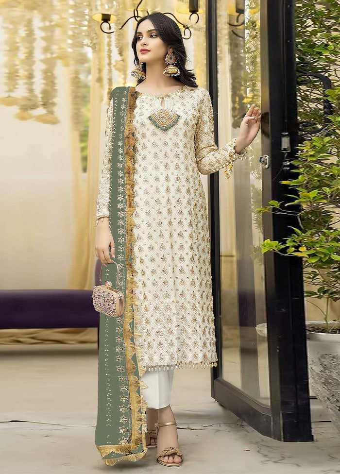 3 Pc Cream Semi Stitched Georgette Suit Set