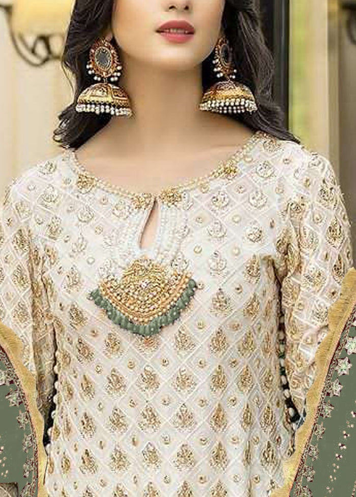 3 Pc Cream Semi Stitched Georgette Suit Set