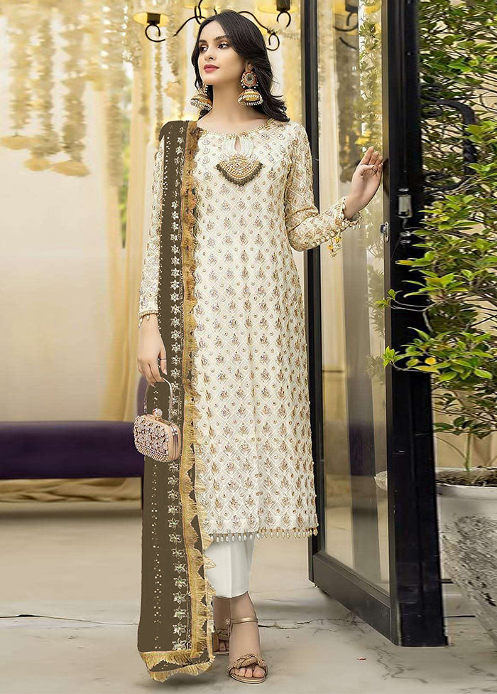 3 Pc Cream Semi Stitched Georgette Suit Set