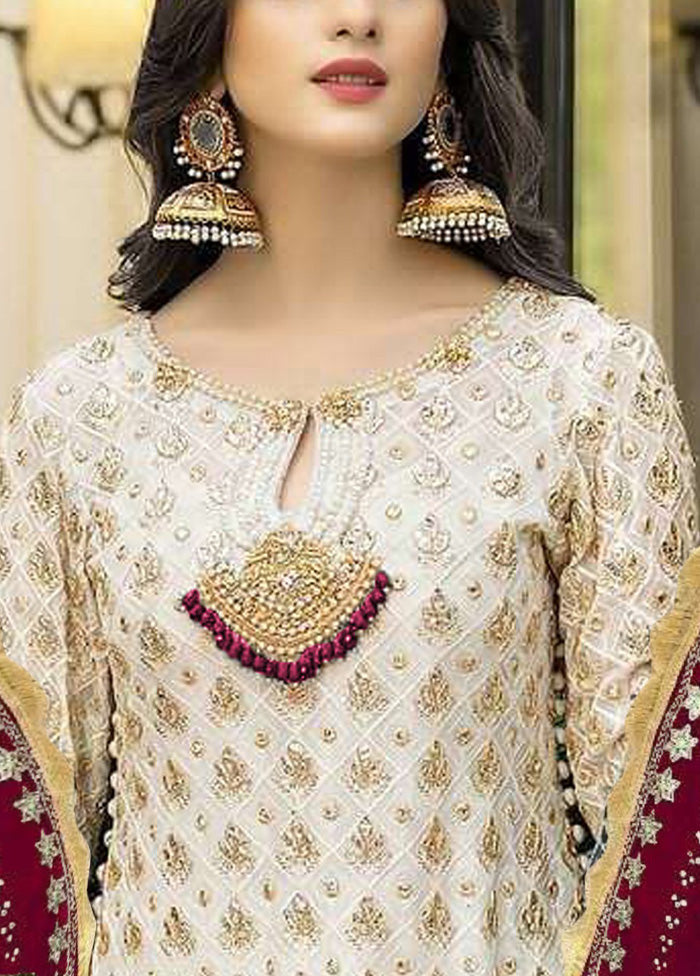 3 Pc Cream Semi Stitched Georgette Suit Set