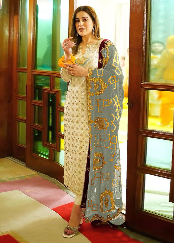 3 Pc Cream Semi Stitched Georgette Suit Set