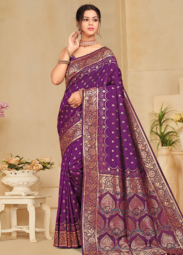 Purple Banarasi Silk Saree With Blouse Piece