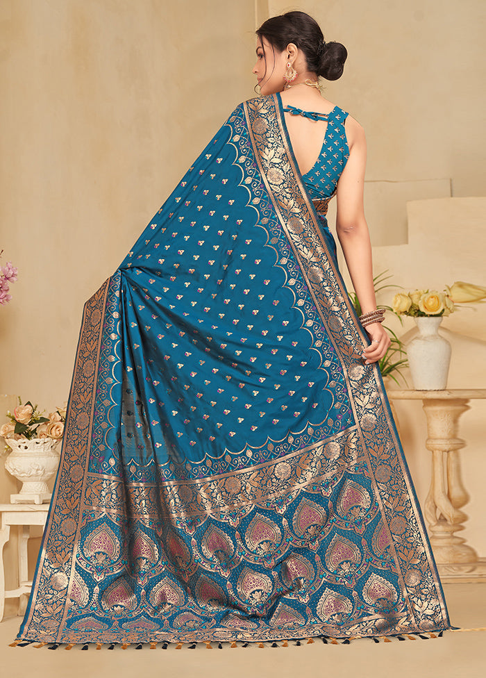 Blue Banarasi Silk Saree With Blouse Piece