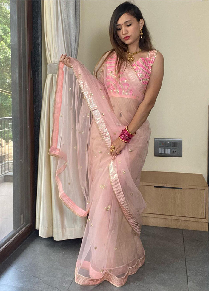 Pink Net Saree With Blouse Piece