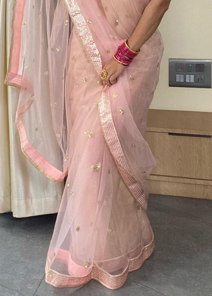 Pink Net Saree With Blouse Piece