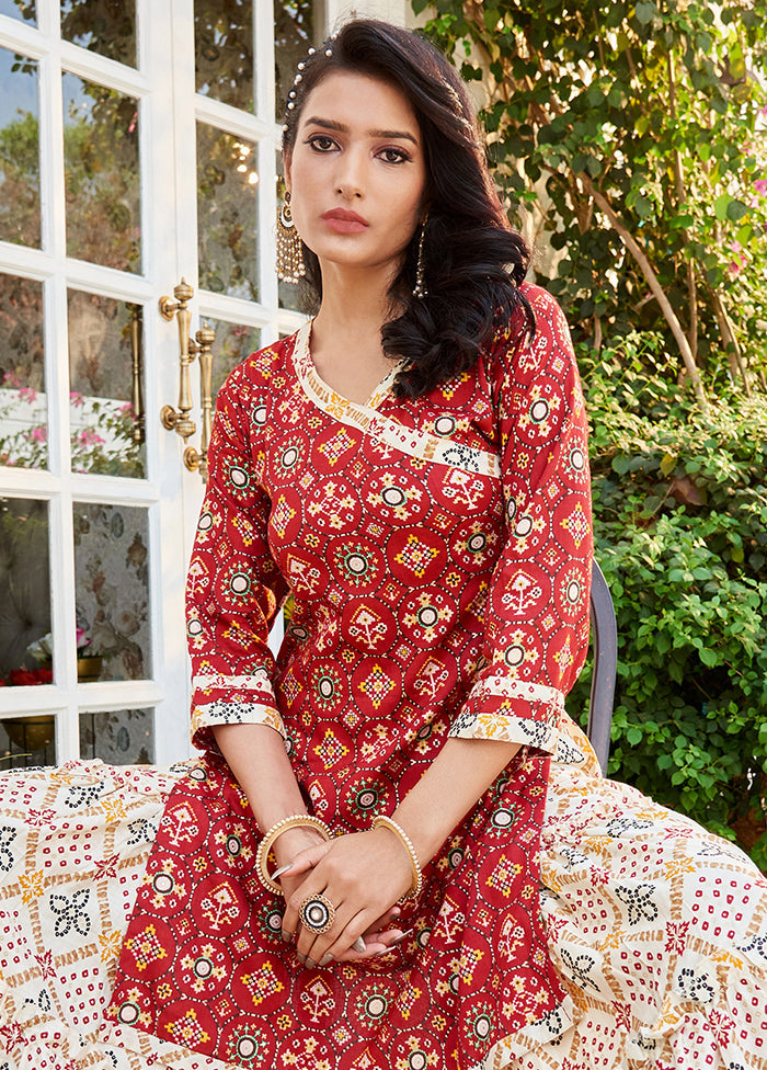 2 Pc Red Readymade Cotton Kurti Set