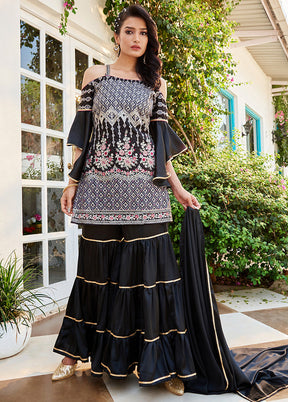 3 Pc Black Readymade Cotton Dupatta Suit Set