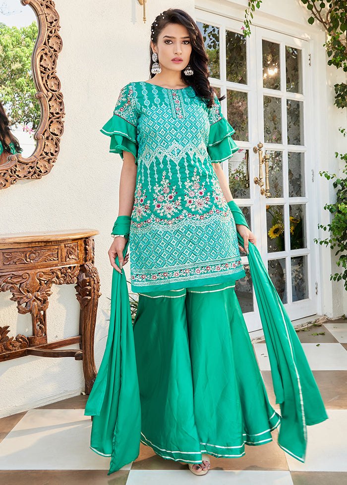 3 Pc Teal Readymade Cotton Dupatta Suit Set