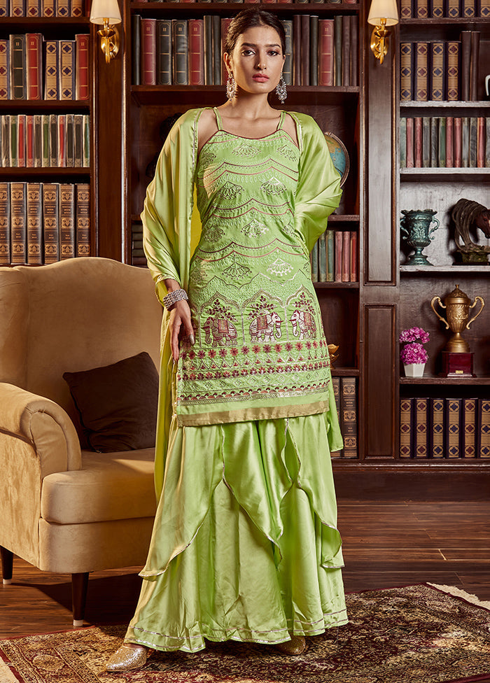 3 Pc Green Readymade Cotton Dupatta Suit Set