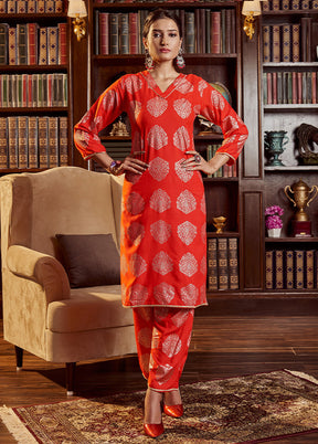 2 Pc Red Readymade Rayon Kurti Set