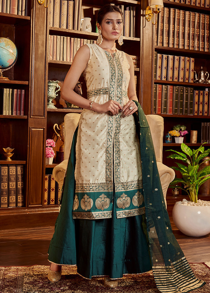 3 Pc Beige Readymade Silk Dupatta Suit Set