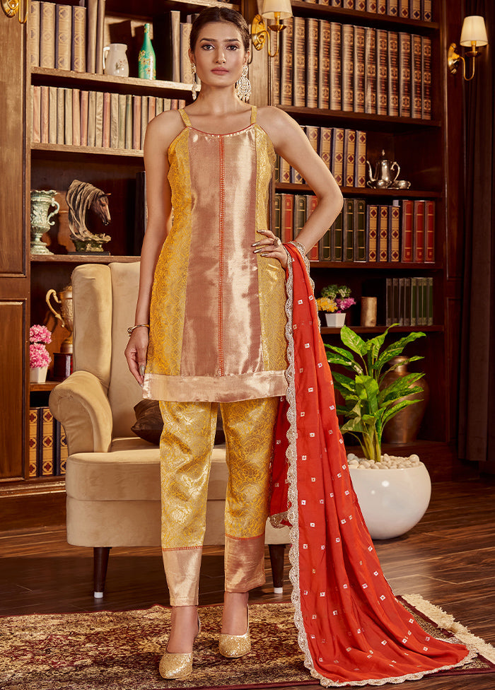 3 Pc Yellow Readymade Silk Dupatta Suit Set