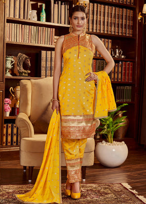 3 Pc Yellow Readymade Silk Dupatta Suit Set