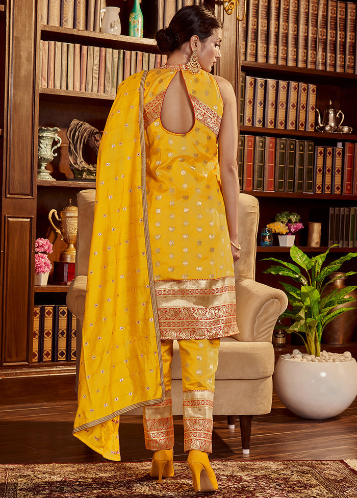 3 Pc Yellow Readymade Silk Dupatta Suit Set