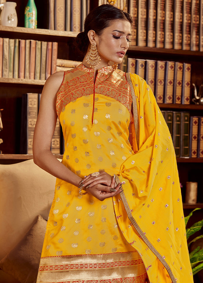 3 Pc Yellow Readymade Silk Dupatta Suit Set