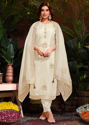 3 Pc Cream Readymade Viscose Dupatta Suit Set