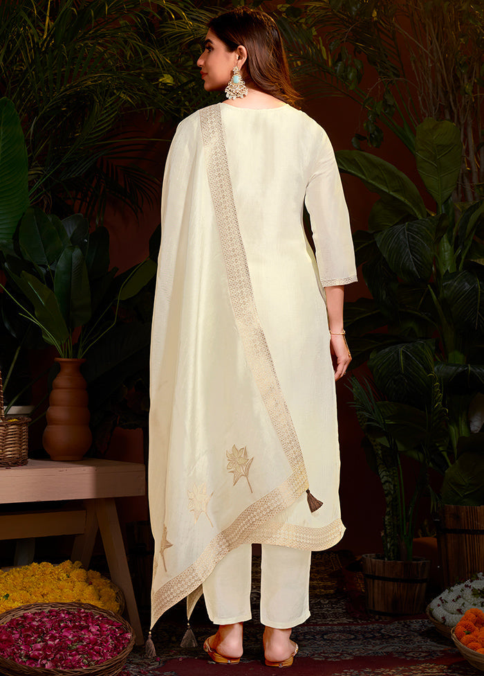 3 Pc Cream Readymade Viscose Dupatta Suit Set