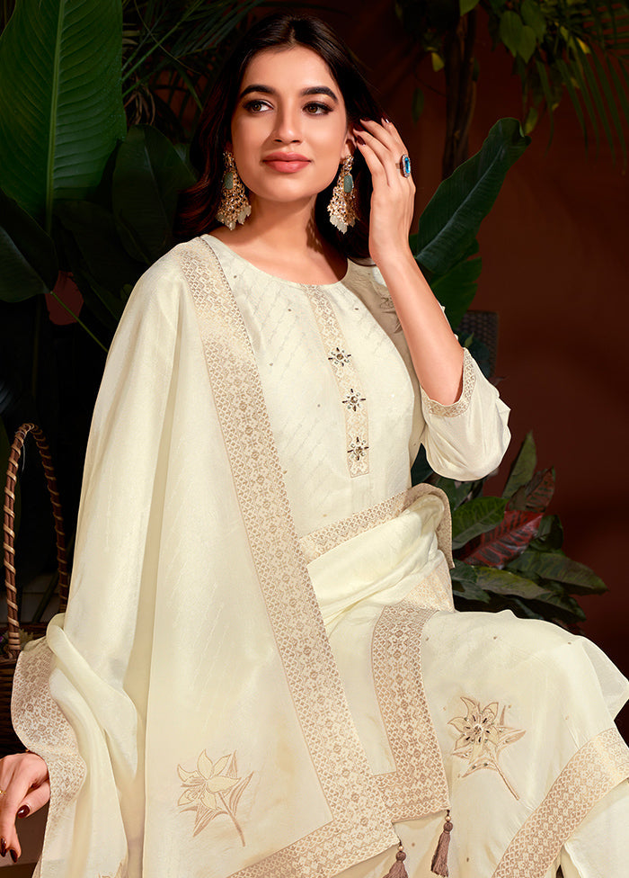 3 Pc Cream Readymade Viscose Dupatta Suit Set