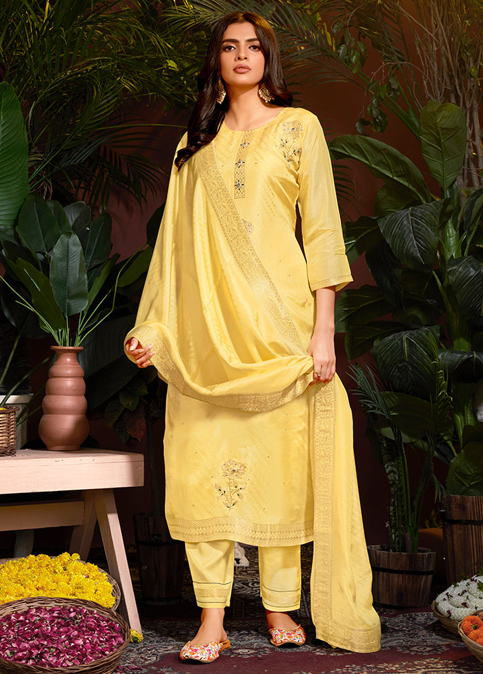 3 Pc Yellow Readymade Viscose Dupatta Suit Set