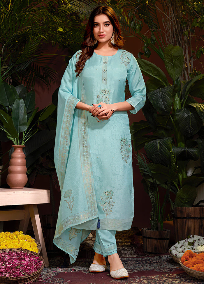 3 Pc Sky Blue Readymade Viscose Dupatta Suit Set