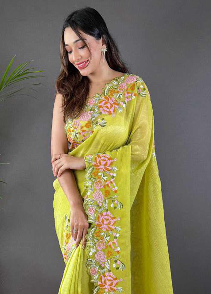 Mehendi Spun Silk Saree With Blouse Piece