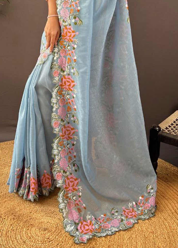 Blue Spun Silk Saree With Blouse Piece