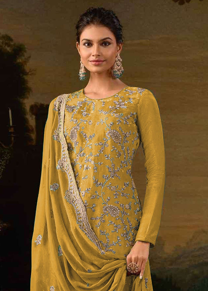 3 Pc Yellow Semi Stitched Silk Suit Set