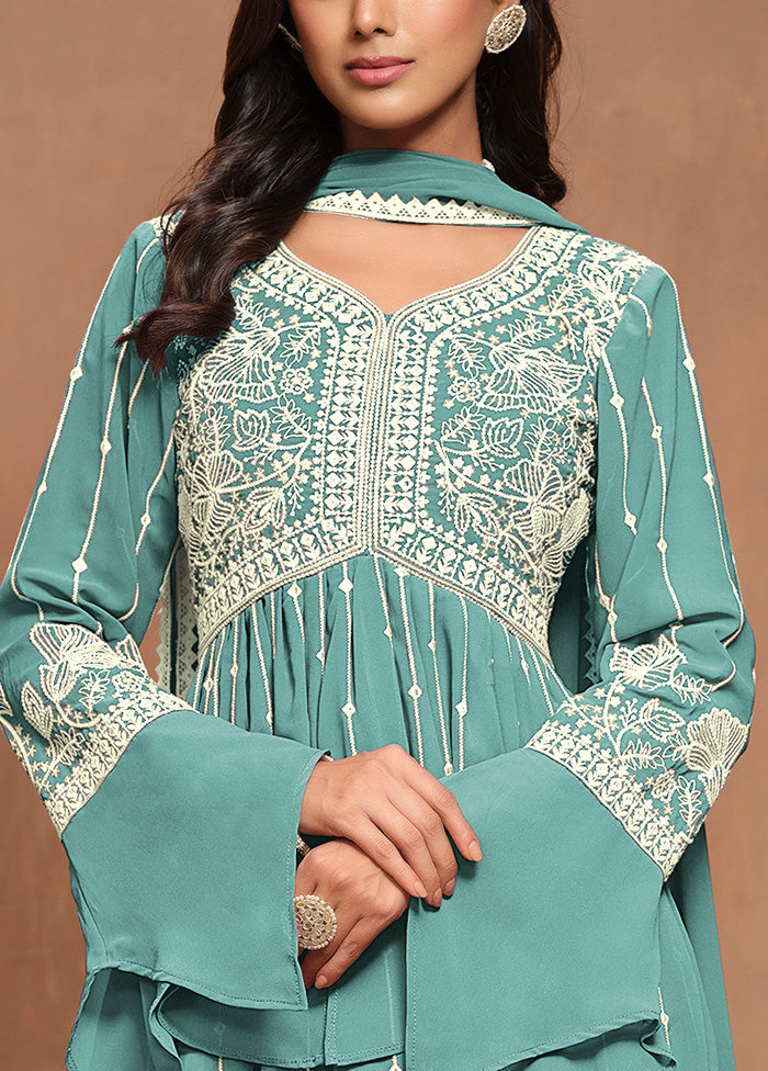 3 Pc Sky Blue Semi Stitched Georgette Suit Set