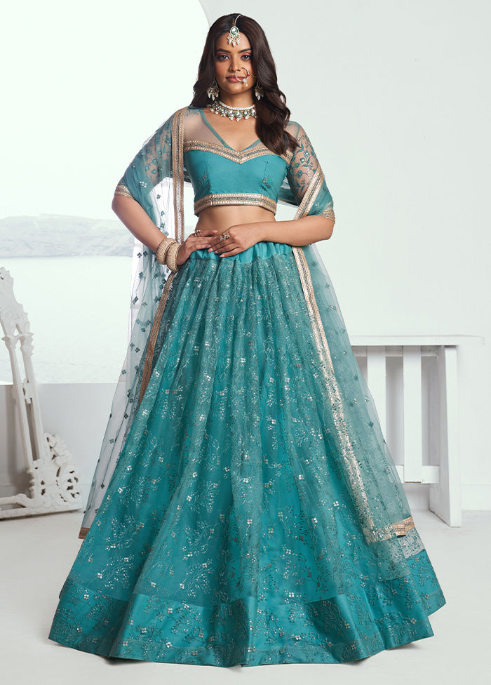 3 Pc Rama Net Semi Stitched Lehenga Set