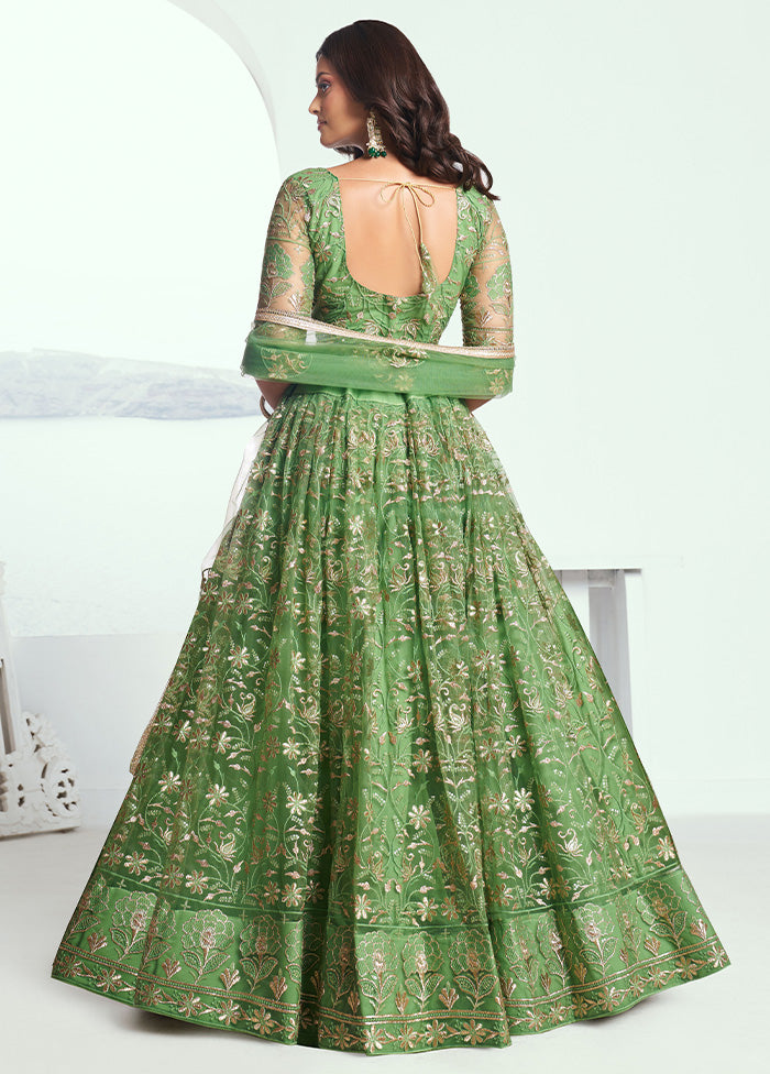 3 Pc Pista Green Net Semi Stitched Lehenga Set