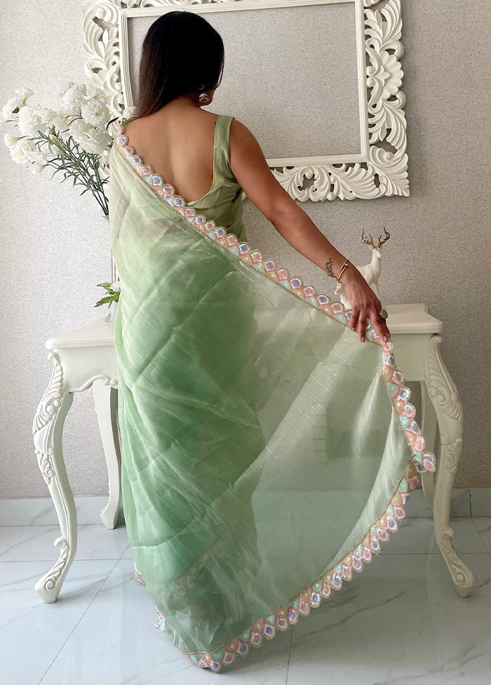 Pista Green Spun Silk Saree With Blouse Piece