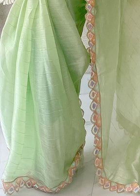 Pista Green Spun Silk Saree With Blouse Piece