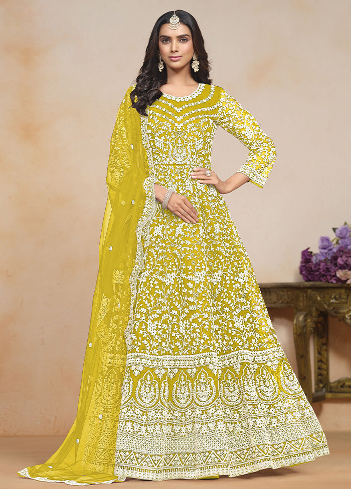 3 Pc Lime Green Semi Stitched Net Suit Set